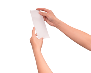 Hand holding a long blank shopping receipt paper isolated on a transparent PNG.
