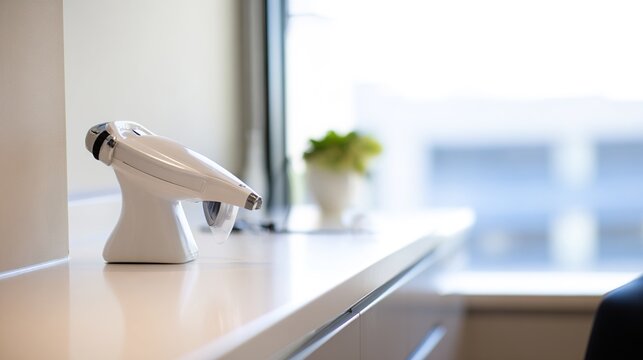 spirometer. Pulmonologist's office with a modern spirometer on counter, natural light, clinical setting. STEM education sheets.