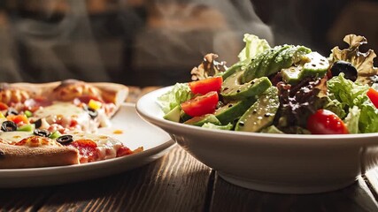 Contrast shot of healthy salad alongside indulgent loaded pizza slice plate