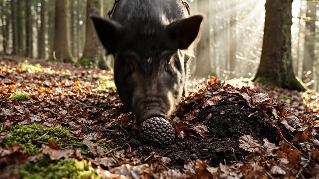 Truffle-hunting pig sniffing Forest Floor for Cookbooks, Food Blogs, Restaurant Promotions, Gastronomy Education,