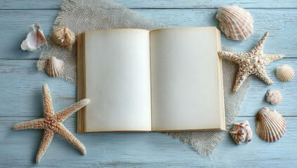 Open book surrounded by seashells and starfish on wooden surface evokes serene coastal vibe