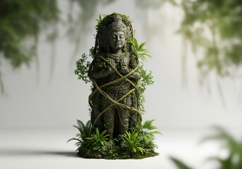 Ancient Statue Covered in Lush Greenery