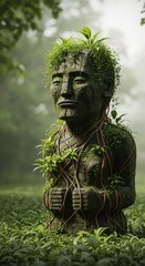 Ancient Stone Statue of a Man Surrounded by Nature