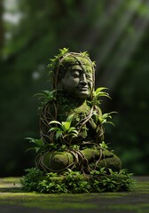 Enchanting Buddha Statue Covered in Lush Greenery