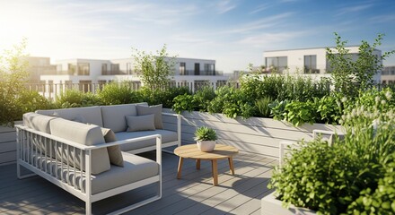 Modern rooftop terrace with patio furniture