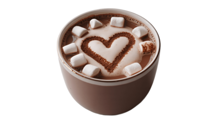 A comforting mug of hot chocolate artfully adorned with a heart and marshmallows.
