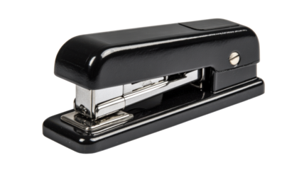 Black metal stapler organizing paper documents, representing office work, education, and business efficiency on transparent background