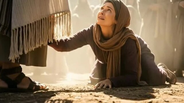 Woman&rsquo;s Hand Touching the Hem of Jesus' Robe &ndash; Biblical Scene in Ultra Realism