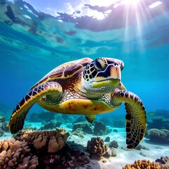 Obraz premium Underwater turtle in coral reef