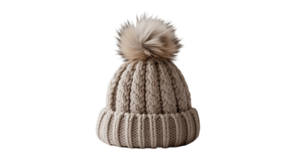A stylish beige knitted hat with a fluffy pom-pom.