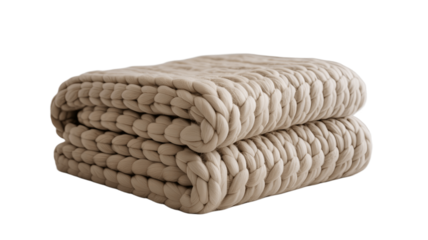 A cozy, knitted beige blanket folded neatly.