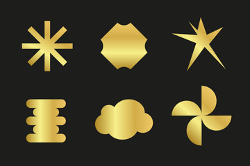 Set of golden abstract shapes with a metallic gradient effect. Perfect for design, stickers, and branding. Vector illustration.
