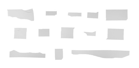 collection of torn adhesive tape pieces isolated on transparent background, realistic wrinkled tape strips set, ripped sticky tape texture elements for collage and design on png