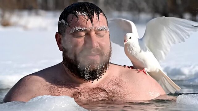 Man Baptizing in Icy Water with Dove, the concept of Epiphany Celebration, Winter Baptism, Religious Holiday for Blogs, Church Websites, and Faith-Based Content