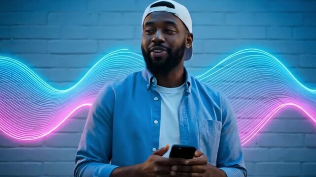 digital communication concept - Smiling man in cap using smartphone with neon wave background