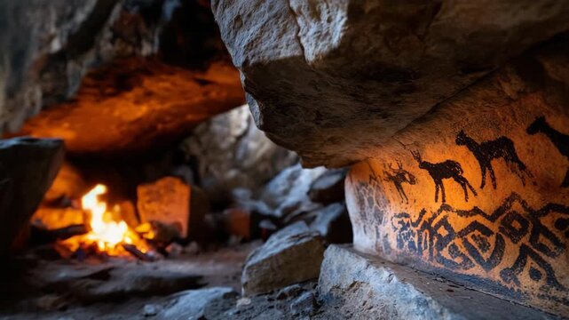 Ancient Cave Paintings: A Glimpse into the Past. The scene showcases primitive art depicting animals and symbols, illuminated by a warm fire within a cavern