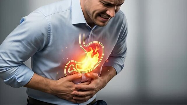 Man Experiencing Heartburn Pain with Burning Stomach Illustration for Health Awareness, Medical Education, Digestive Health Blogs, and Healthcare Websites
