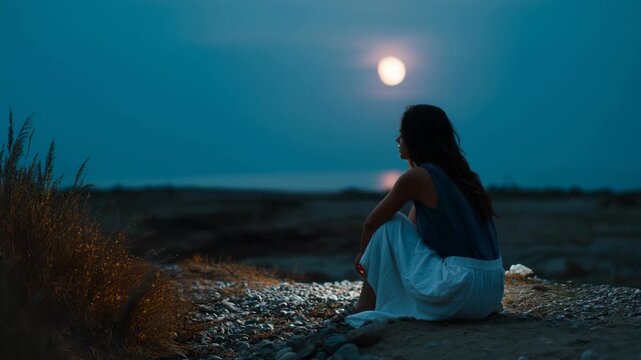 A woman sitting at the edge of the sea in the moonlight, lost in thought, alone and dreaming