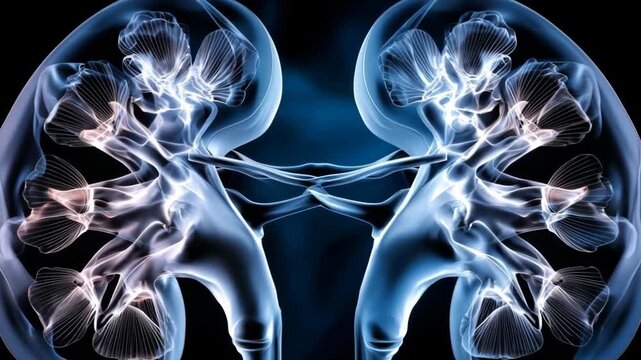 Abstract rendering of two human kidney illuminated with blue and purple tones 
