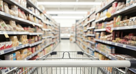 Fototapeta premium Shopping cart positioned in a supermarket aisle, surrounded by neatly arranged shelves filled with various packaged goods, creating a vibrant shopping experience in a retail environment
