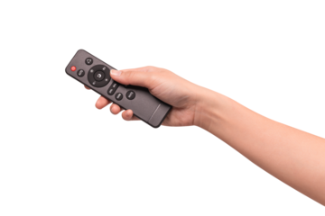 Hand holding remote control isolated on isolated on transparent PNG.	