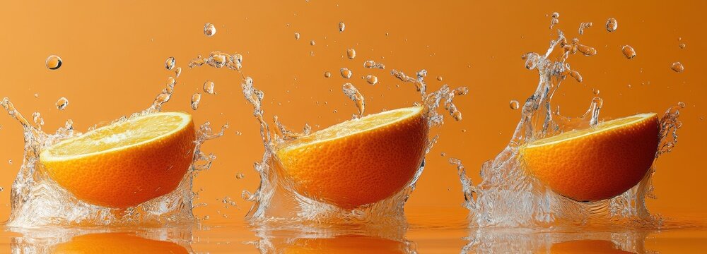 Floating orange slices create vibrant splashes in mid-air above a bright orange backdrop