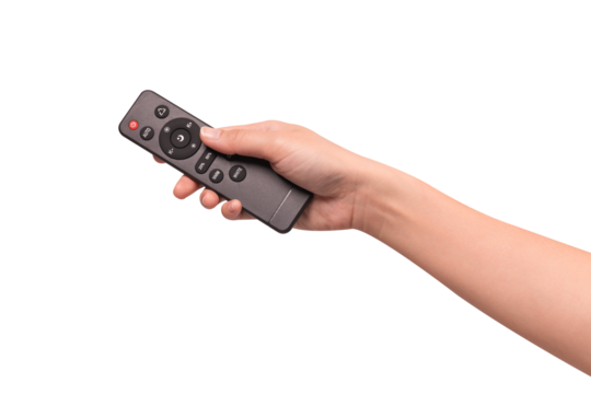 Hand holding remote control isolated on isolated on transparent PNG.	