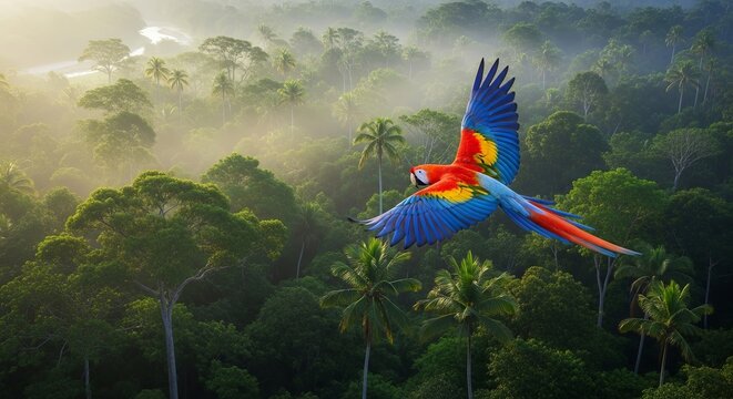 Vibrant Scarlet Macaw Soars Over Lush Tropical Rainforest Canopy at Sunrise.