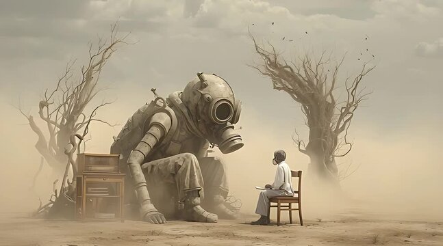 Surreal post-apocalyptic scene with a giant gas-masked mechanical figure being interviewed by a scientist in a desolate wasteland