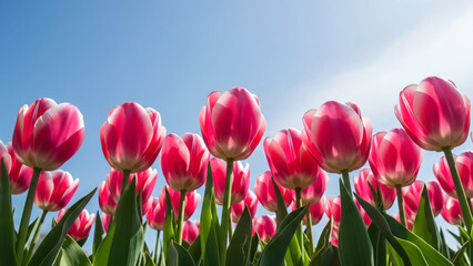 Obraz premium Pink Tulips Blooming Under Blue Sky