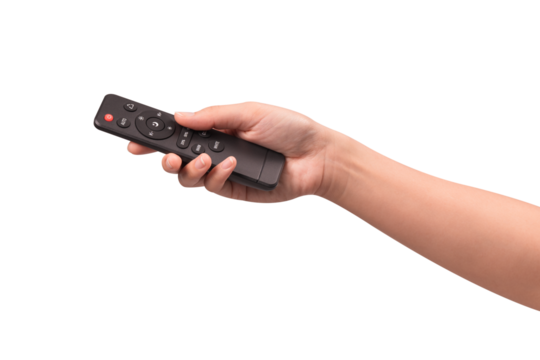 Hand holding remote control isolated on isolated on transparent PNG.	