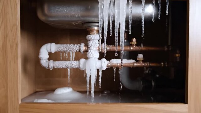 Frozen Pipes with Icicles Under Sink showcasing Winter Damage, Plumbing Issues, Home Maintenance Problems, Costly Repairs, for Homeowner Blogs, Insurance Claims, Emergency Plumbing Services