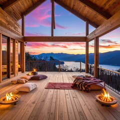 Deck at sunset with fire bowls, cozy