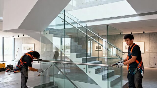 Focused medium shot of technicians fitting glass balustrades on a designer staircase enhancing an open contemporary gallery.