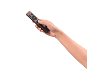 Hand holding remote control isolated on isolated on transparent PNG.	