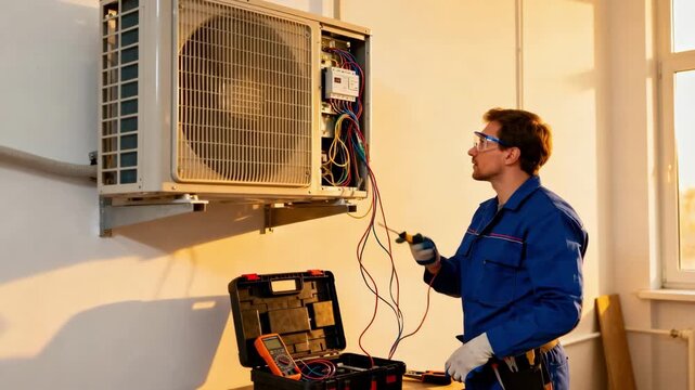 Electric heating unit being installed indoors with electrician wiring the system to ensure safe power flow and modern climate control