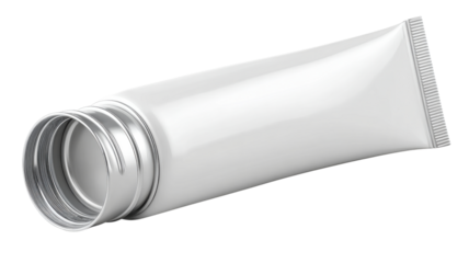 White cosmetic tube mockup with screw cap open, empty plastic cream packaging for branding design with transparent background