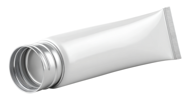 White cosmetic tube mockup with screw cap open, empty plastic cream packaging for branding design with transparent background