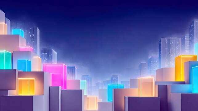 An abstract cityscape with illuminated cubes and buildings, creating a futuristic and vibrant environment. The image features a gradient background and a sense