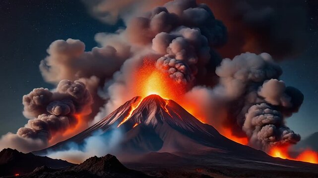 Fiery spectacle of a major volcanic eruption at night, with molten lava illuminating a massive, dark plume of smoke and ash