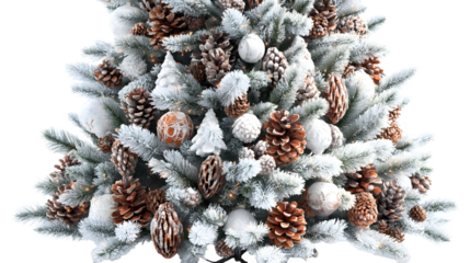 Festive frosted Christmas tree with elegant ornaments and pine cones for holiday joy
