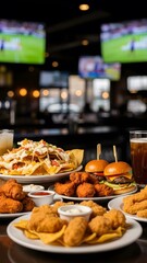 Fototapeta premium Delicious assortment of bar snacks on a restaurant table with TV. Perfect for menu promotion, culinary, and social gatherings.