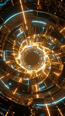 Obraz premium Futuristic circular tunnel with glowing golden and blue lights, creating a high-tech, sci-fi atmosphere.