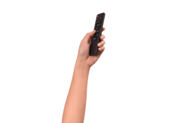 Hand holding remote control isolated on isolated on transparent PNG.	