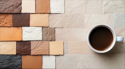 A white coffee cup filled with dark coffee sits on a stone tile surface with various warm-toned tiles. The image is a top-down view.