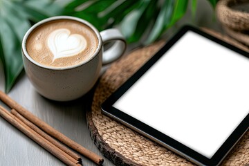 Close-up of a cup of coffee with heart-shaped latte art, a tablet with a blank screen, cinnamon sticks, and green leaves, all arranged on a wooden surface.