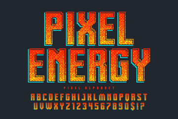 Pixel alphabet design. Retro video game style. High contrast and sharp, retro-futuristic.