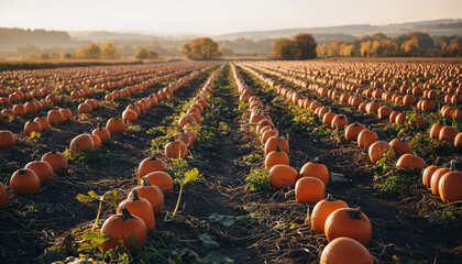 Expansive pumpkin patch with rows of orange gourds bathed in warm golden hour light