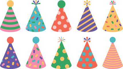 Obraz premium Colorful Party Hats Illustration – Fun Birthday Cone Hats Set