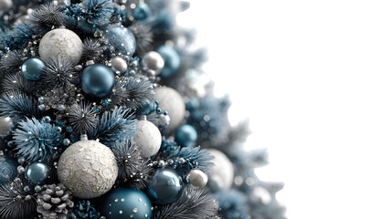 Elegant silver and blue Christmas ornaments adorn frosted tree branches, holiday cheer
